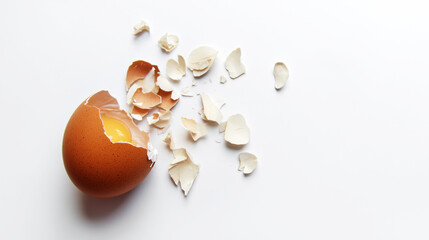 Cracked Egg Shells with Yellow Yolk on Minimalist White Background