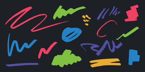 Neon colorful scribble brush strokes set for creative design, highlights, and modern graphic elements