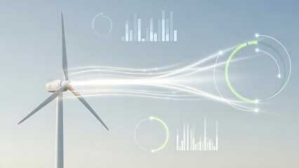 Wind turbine generating clean energy with futuristic data visualization.