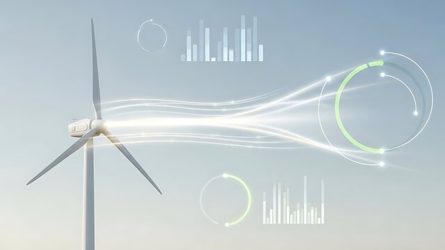 Wind turbine generating clean energy with futuristic data visualization. - Powered by Adobe