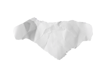 Torn paper note with rough uneven edge and textured white surface. Blank fragment isolated on white