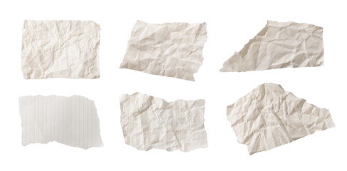 Torn paper pieces with rough ripped edges and irregular shapes. Blank textured scraps isolated on