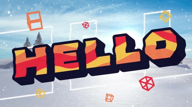 Animation of hello text over snow falling