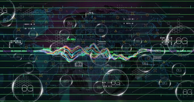 Animation of 5g and 6g text in bubble with multicolored graph waves and map against black background