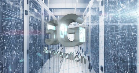 Animation of 5g text, mathematical equations and data processing over computer servers - Powered by Adobe