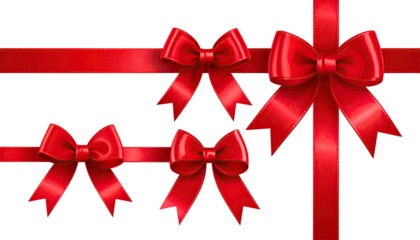 Four vibrant red ribbon bows, with various sizes, and intertwined across a stark black background