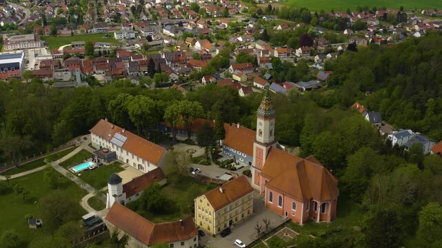 Aerial view of the city altenstadt Iller and castle Illereichen in Germany on a sunny spring day 