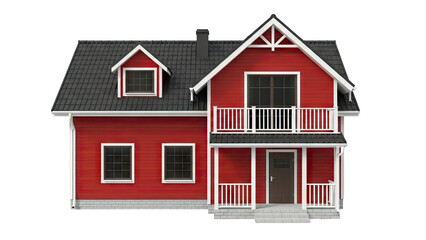 Modern Red Two-Story House with White Trim and Dark Roof