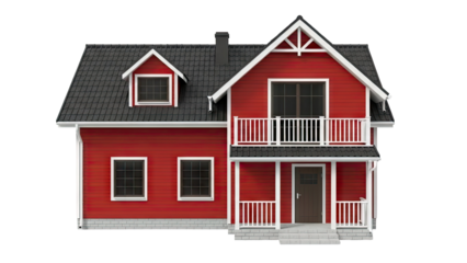 Modern Red Two-Story House with White Trim and Dark Roof