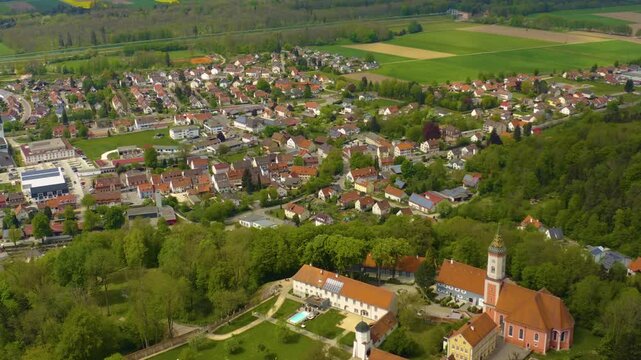 Aerial view of the city altenstadt Iller and castle Illereichen in Germany on a sunny spring day 