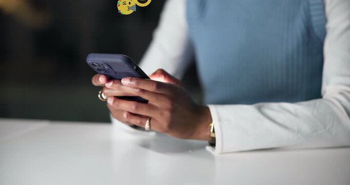 Hands, phone and emoji overlay at office with texting, contact or symbol for love, party and web chat. Person, night and smartphone with mobile app, sign or icon with social media at creative agency