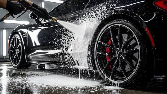 Professional worker spraying white snow foam on black luxury car side panel using high pressure power washer during deep cleaning detailing service