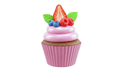 Pink Frosted Cupcake with Berries and Strawberry Topping