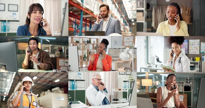 Series, phone call and people in offices, talk and communication for logistics, global and diversity. International, business and group with mobile for networking, montage and services for contacts