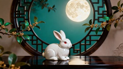 A serene white rabbit figurine sits gracefully on a polished surface framed by an ornate circular window with a full moon and delicate branches in the background.
