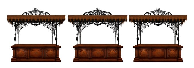 Three ornate wooden theater stage canopies with decorative fringe trim