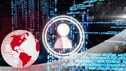 Animation of profile icons and spinning globe against data processing on blue background - Powered by Adobe