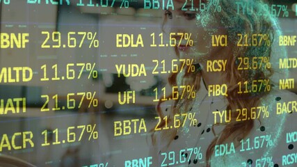 Animation of trading board and globe over caucasian woman typing on keyboard at office - Powered by Adobe