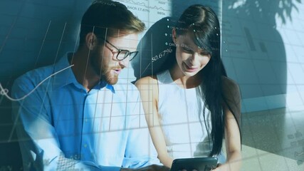 Animation of financial data processing over diverse business people working at office - Powered by Adobe