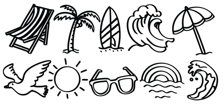 Set of hand drawn Beach and surfing theme Isolated Vector