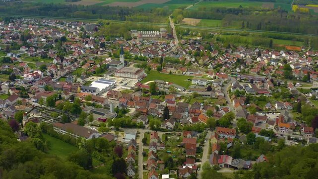 Aerial view of the city altenstadt Iller and castle Illereichen in Germany on a sunny spring day 