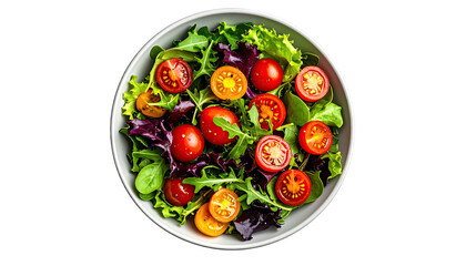 Fresh, vibrant salad in a white bowl, aerial shot on black. Cherry tomatoes, lettuce
