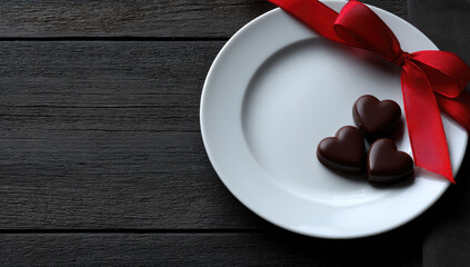 Heart-shaped chocolates on white plate with red ribbon bow