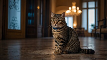 Cat sits on the floor in a bright hallway with chandeliers and elegant furniture in a large building during the day
