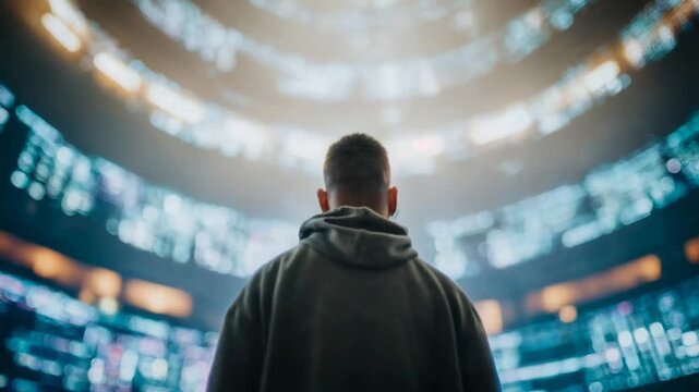 Young man facing massive digital data environment representing information overload technology future analytics and human connection inside complex systems and glowing network architecture