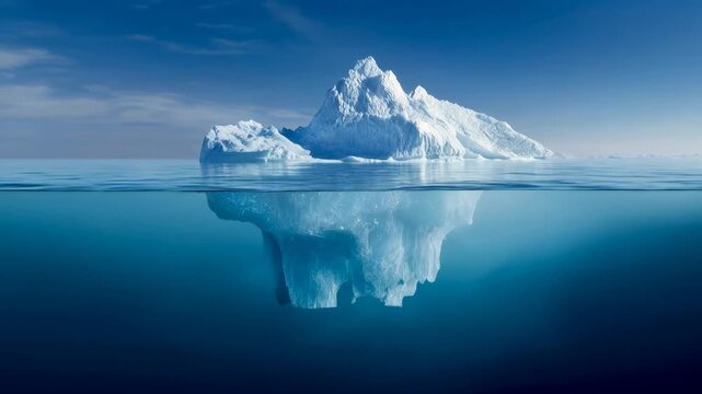 Majestic iceberg floating on still ocean reflecting climate vulnerability isolation and raw beauty of polar nature under clear sky with mirrored water surface and silent atmosphere