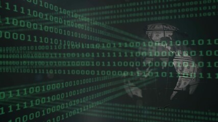 Animation of globe with dollar banknotes over data processing on black background - Powered by Adobe