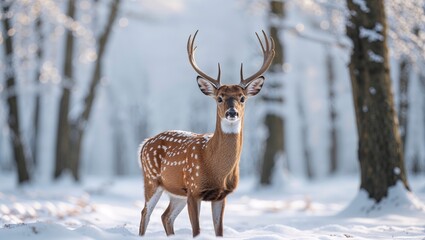 Stag stands in a snowy forest during winter with trees surrounding it, capturing the beauty of nature in a chilly environment