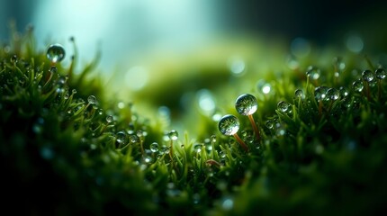 Close-up view of dew drops on green moss in a forest during early morning light