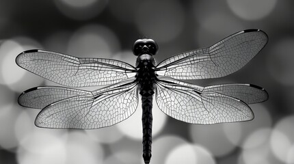 Dragonfly rests with its wings spread in a close-up view revealing detailed patterns and structures in a blurred background