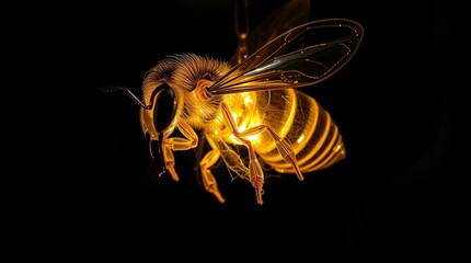 Bright bee with glowing details on a dark background showing lights and textures