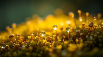 Close up view of droplets on moss in a forest during morning light in early spring with soft sunlight shining through trees