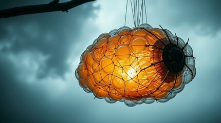 Unique light fixture hanging from branch with warm light against cloudy sky at dusk