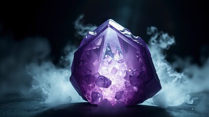Purple crystal with smoke creating a mysterious atmosphere in a dark setting during an indoor scene