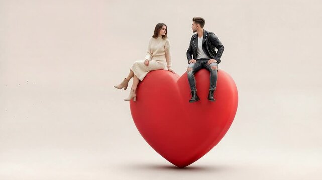 Couple sitting together on large red heart symbolizing love relationship trust and emotional bond expressed through playful surreal minimal composition on soft neutral background