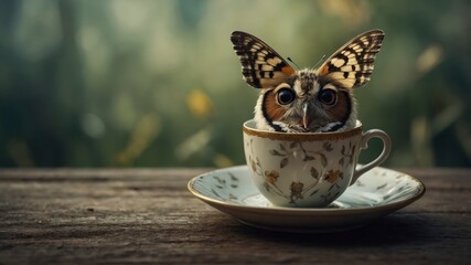 Bird with butterfly wings sitting in a cup on a wooden table outside in nature during daylight hours