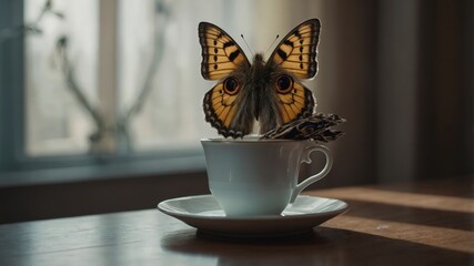 Butterfly sitting on a coffee cup in a sunny room with a soft background and warm tones