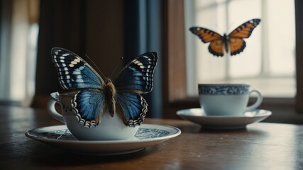 Colorful butterflies perched on tea cups indoors with natural light shining through windows during daytime