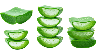 Freshly sliced verdant aloe vera leaves neatly arranged in stacks against a stark black backdrop