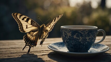 Close view of a butterfly near a cup and saucer on a wooden table at sunset in a garden setting