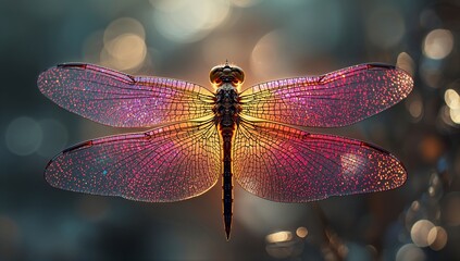 Dragonfly resting on a branch during golden hour with colorful wings shining in light