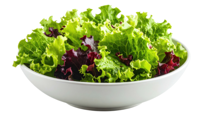 Freshly tossed mixed lettuce salad overflowing in a white, shallow bowl