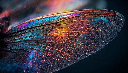 Close view of dragonfly wing showing details of structure and colors under bright light conditions in nature