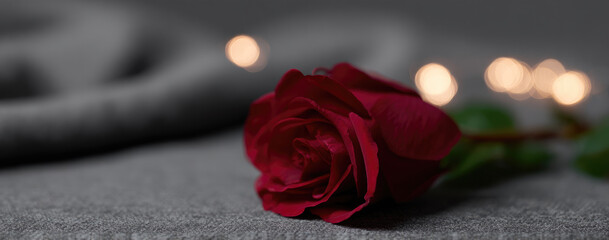 Red rose on gray fabric with warm bokeh lights