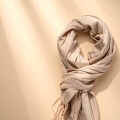 暖かみのあるマットなベージュ背景に、スカーフが静かに折り畳まれて配置される。
柔らかな光と控えめな影が、二月の穏やかな季節感を伝える。