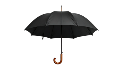 Fully open black umbrella with a wooden handle, isolated against a solid black background